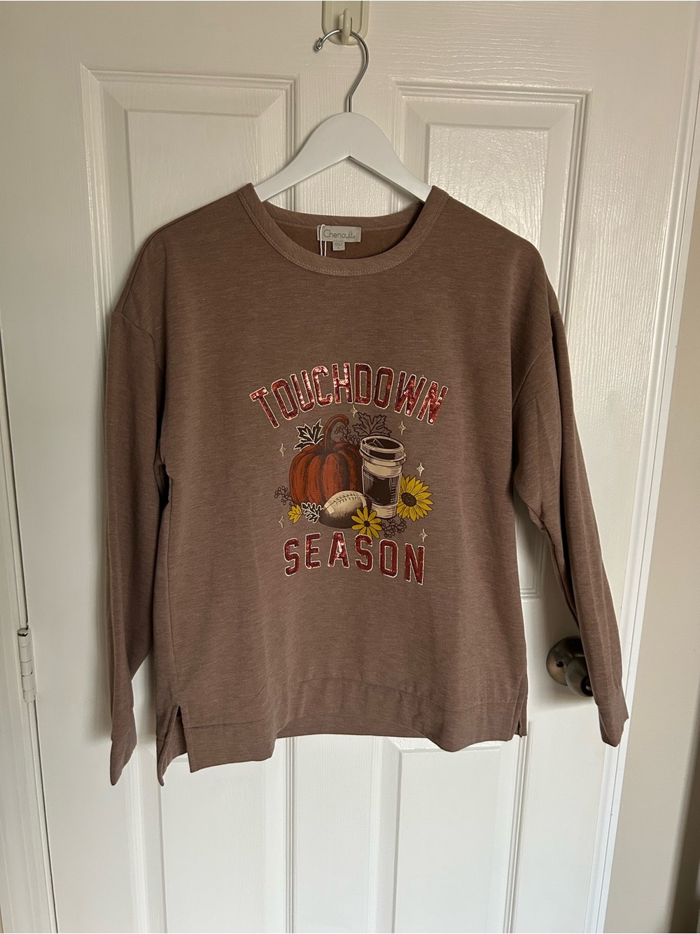 Chenault Brown 'Touchdown Season' Sequin Lettering Graphic Sweatshirt Size L